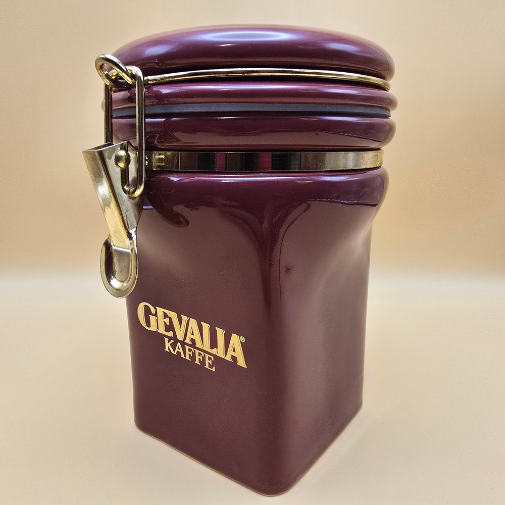 Gevalia Kaffe Ceramic Coffee Canister Burgundy Airtight Gold Bale Flip Top Lid